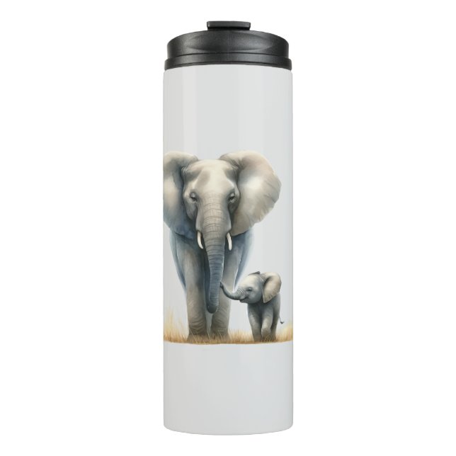 Majestic African Elephant and Baby in Watercolor Thermosbecher (Vorderseite)