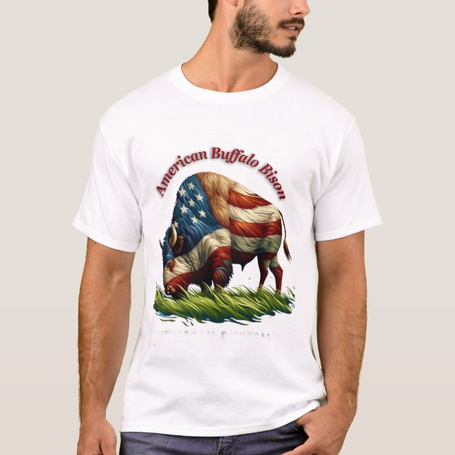 Majestic American Bison Illustriert Flag T-Shirt (Vorderseite)