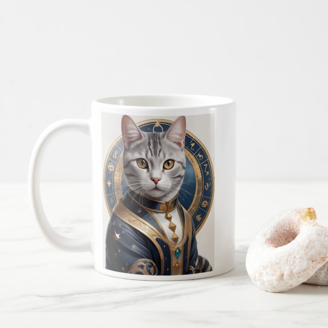 Majestic American Shorthair Cat in Blue and Gold Kaffeetasse (Mit Donut)