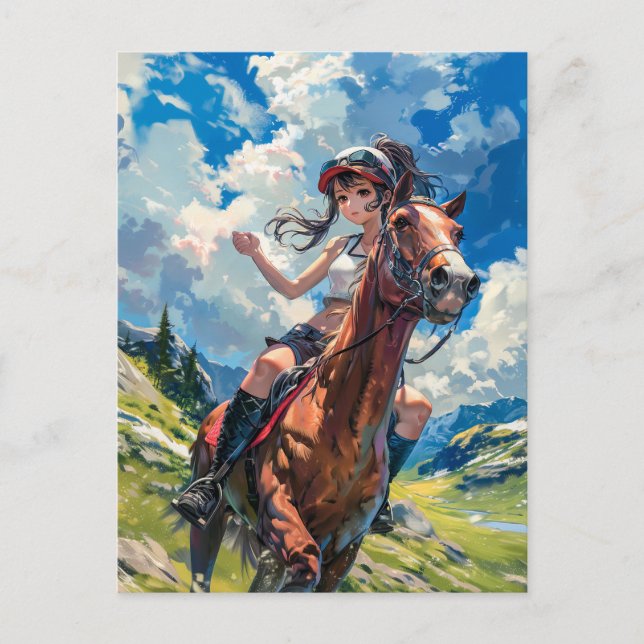 Majestic Anime Rider im Grünen Postkarte (Vorderseite)