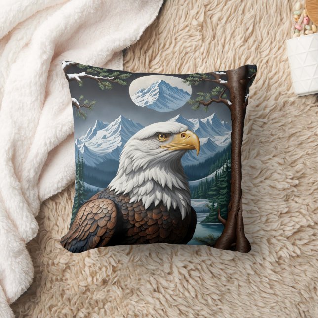 Majestic Bald Eagle in Snowy Mountain Landschaft Kissen (Decke)