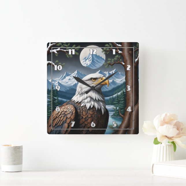 Majestic Bald Eagle in Snowy Mountain Landschaft Quadratische Wanduhr (Zuhause)