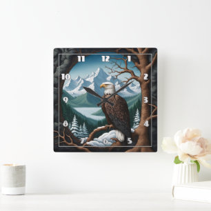 Majestic Bald Eagle mit Blick auf den Bergsee Quadratische Wanduhr