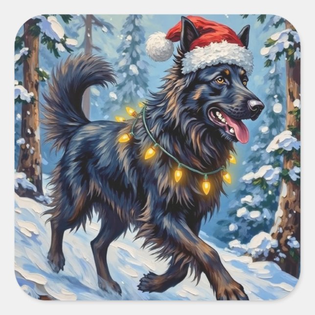 Majestic Belgian Shepherd Snow Forest Christmas Quadratischer Aufkleber (Vorderseite)