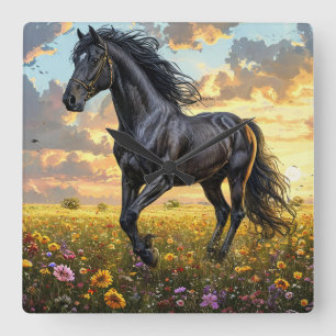 Majestic Black Horse Galloping durch eine lebendig Quadratische Wanduhr