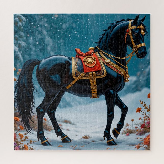 Majestic Black Horse in Gold Harness Puzzle (Vertikal)
