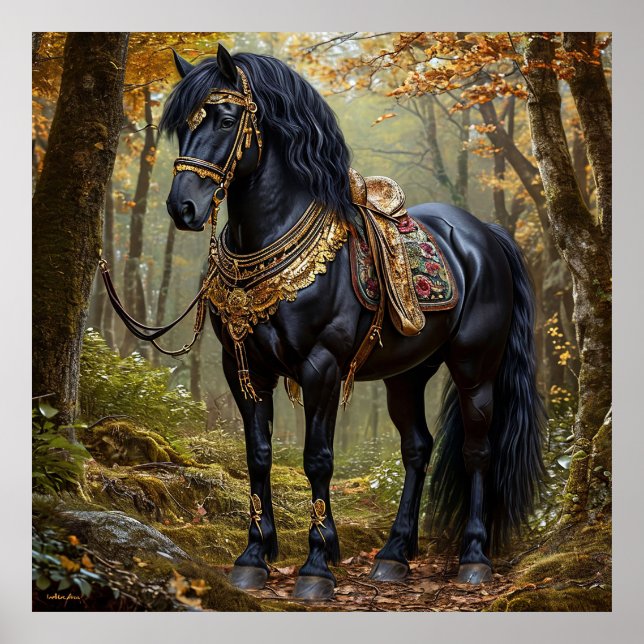 Majestic Black Horse in Regal Gold Adornments Poster (Vorne)