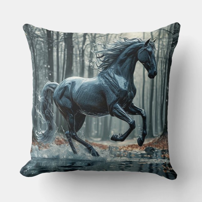 Majestic Black Horse in Verzierter Ornament Kissen (Vorderseite)