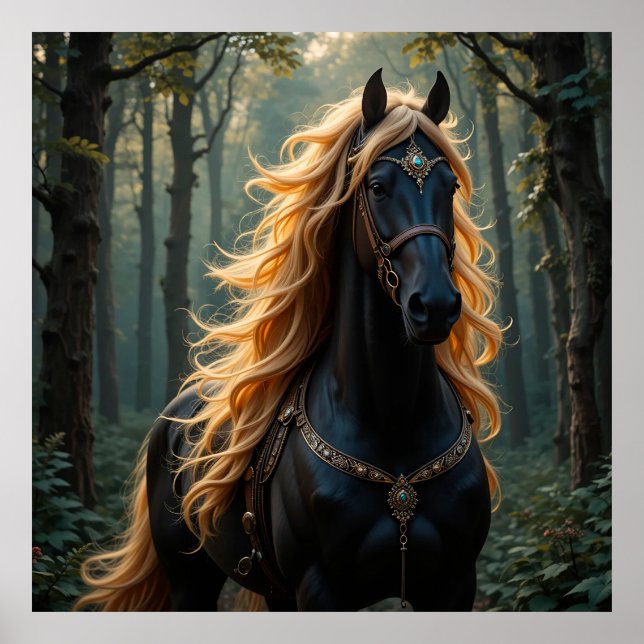 Majestic Black Horse mit blühender Mane Poster (Vorne)