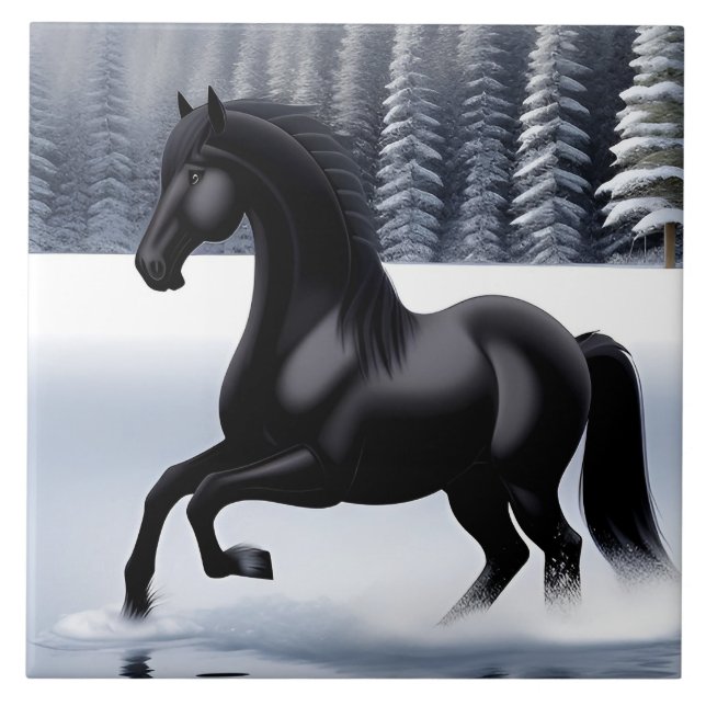 Majestic Black Prancing auf einer verschneiten Obe Fliese (Vorderseite)