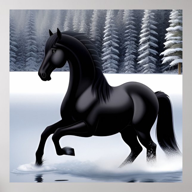 Majestic Black Prancing auf einer verschneiten Obe Poster (Vorne)