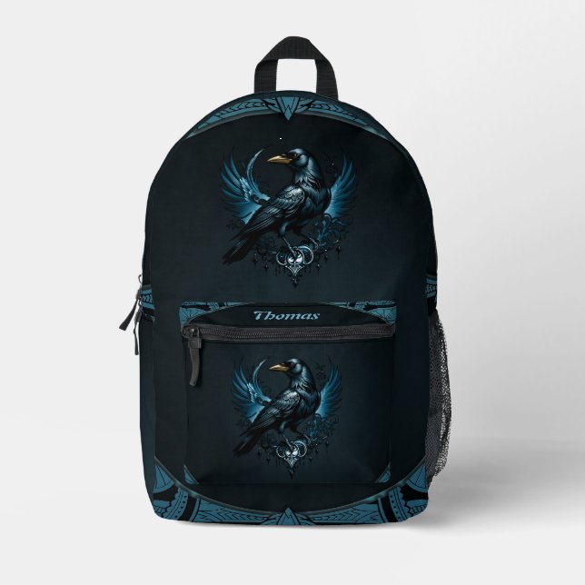 Majestic Black raven auf einem verzierten Bedruckter Rucksack (Vorderseite)