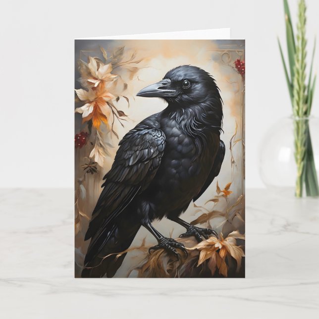 Majestic Black Raven Portrait Blume Moon Blank Karte (Vorderseite)