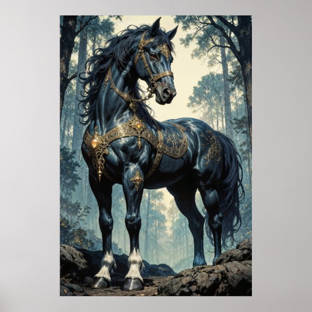 Majestic Black Stallion Forest Wall Art Poster (Vorne)