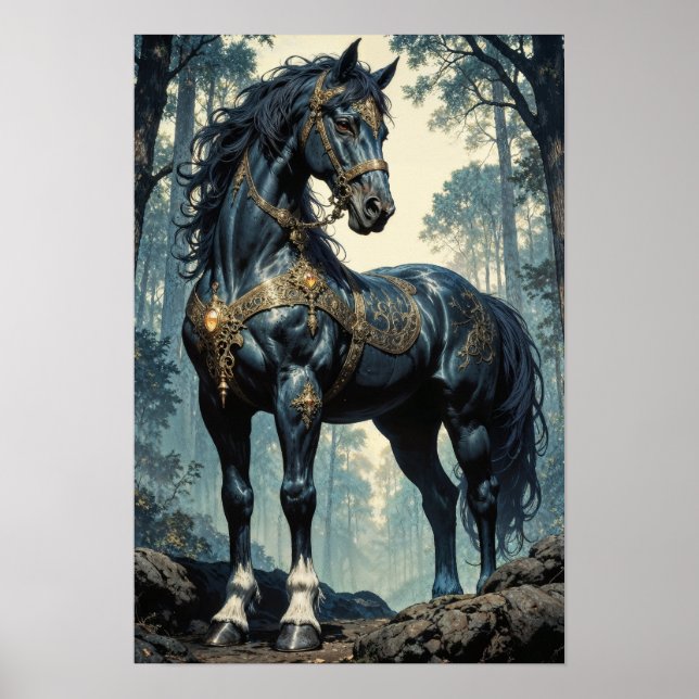 Majestic Black Stallion Forest Wall Art Poster (Vorne)