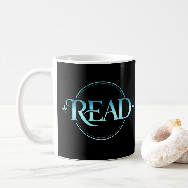 Majestic Blue Glass Typography "READ" Art Kaffeetasse (Mit Donut)