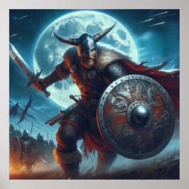 Majestic Blue Toned Moonlit Viking Szene Poster