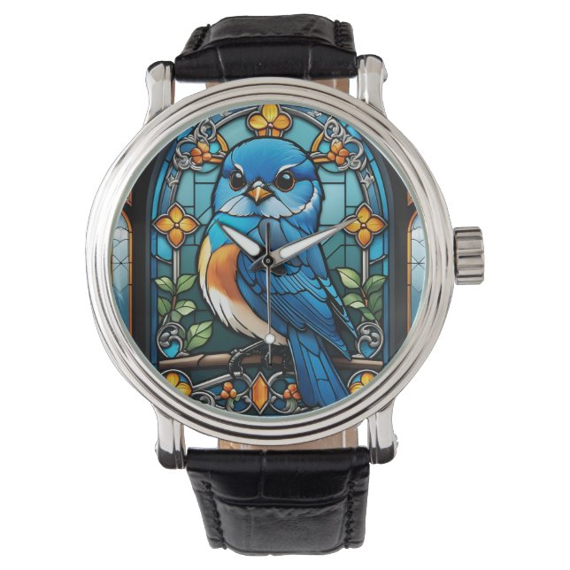 Majestic Bluebird auf feststehendem Glasfenster Armbanduhr (Vorderseite)