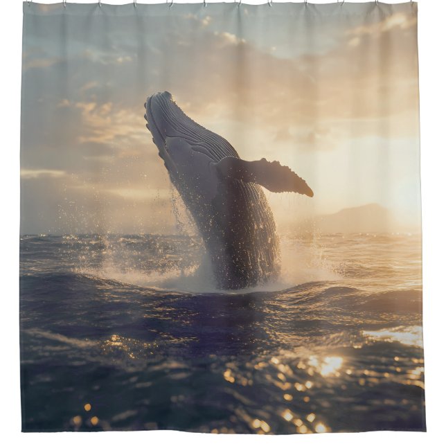 Majestic Breaching Whale at Sunset Shower Vorhang (Vorderseite)