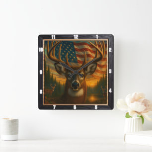 Majestic Buck American Flag Quadratische Wanduhr