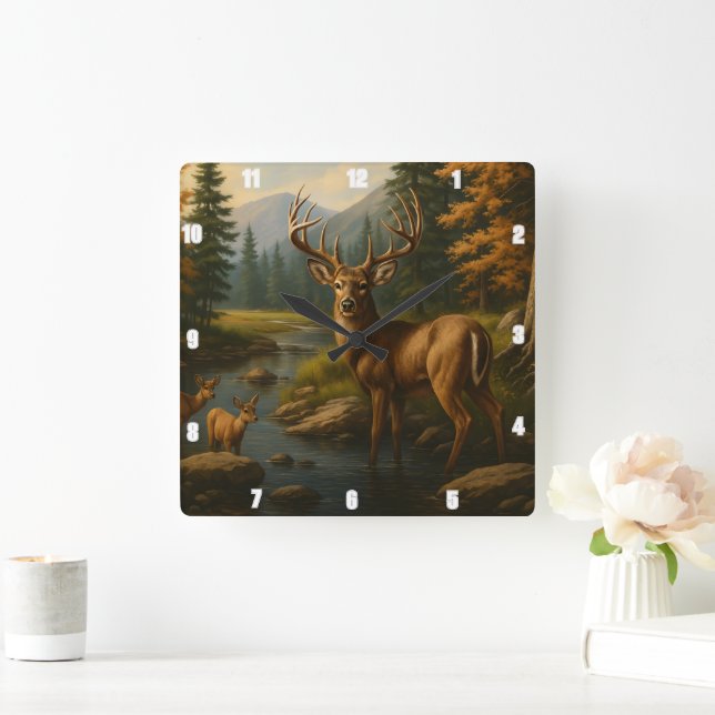 Majestic Buck by Two Fawns Forest Stream Quadratische Wanduhr (Zuhause)