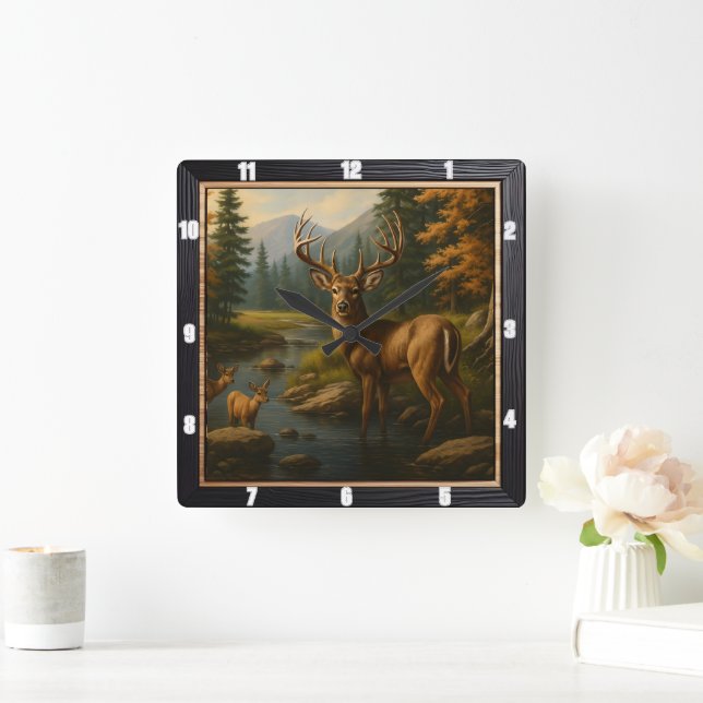 Majestic Buck Forest Stream Quadratische Wanduhr (Zuhause)