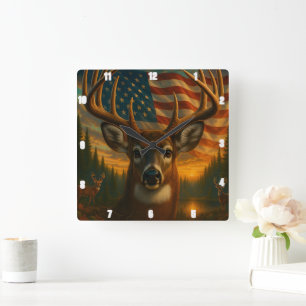 Majestic Buck Impressive Antlers American Flag Quadratische Wanduhr