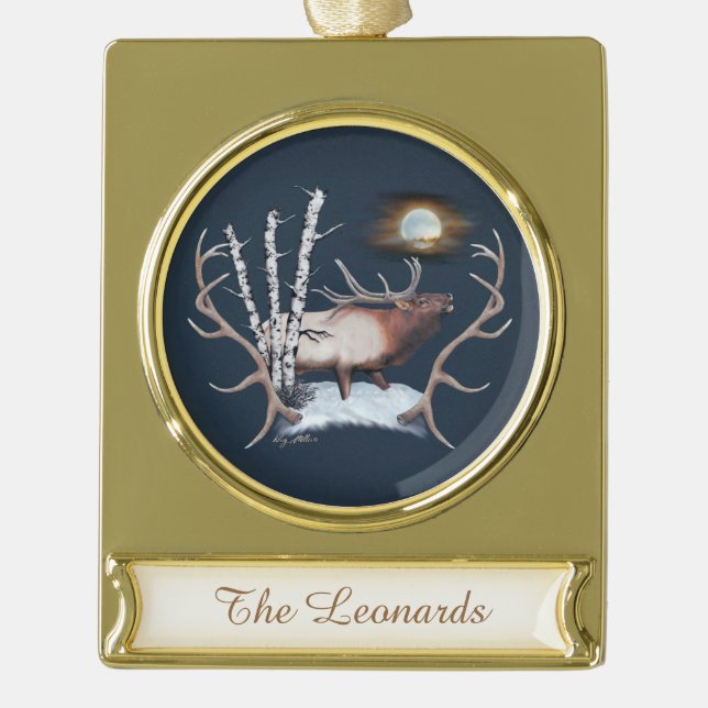 Majestic Bull Elk schluckt im Mondlicht Banner-Ornament Gold (Vorderseite)