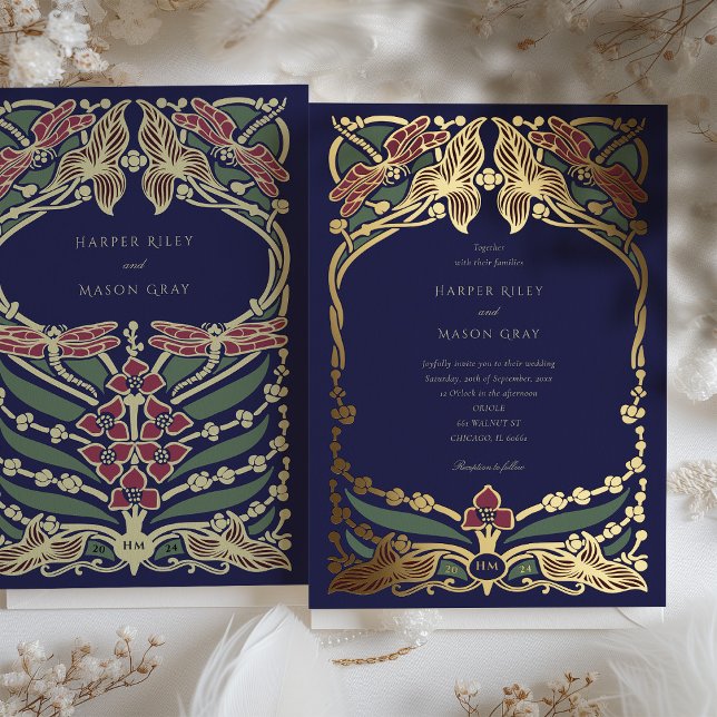 Majestic Burgundy Navy Blue Art Nouveau Wedding Folieneinladung (Von Creator hochgeladen)