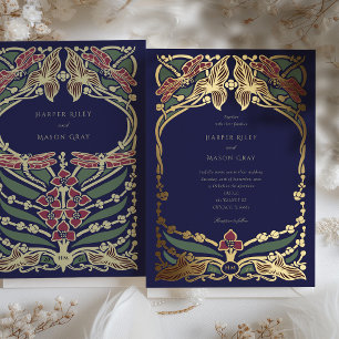 Majestic Burgundy Navy Blue Art Nouveau Wedding Folieneinladung