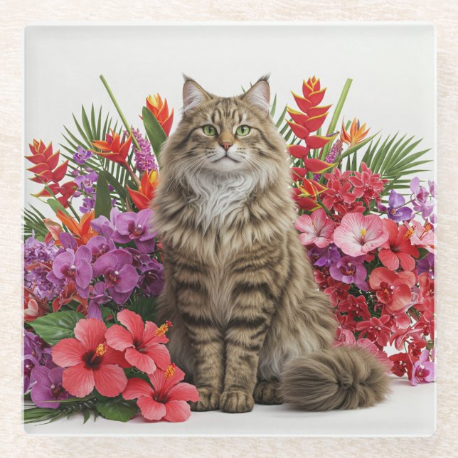 Majestic Cat Tropical Glass Untersetzer Design. (Vorderseite)