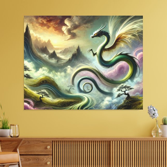 Majestic Celestial Dragon über Fantasy Mountains Leinwanddruck (Insitu (Wohnzimmer))