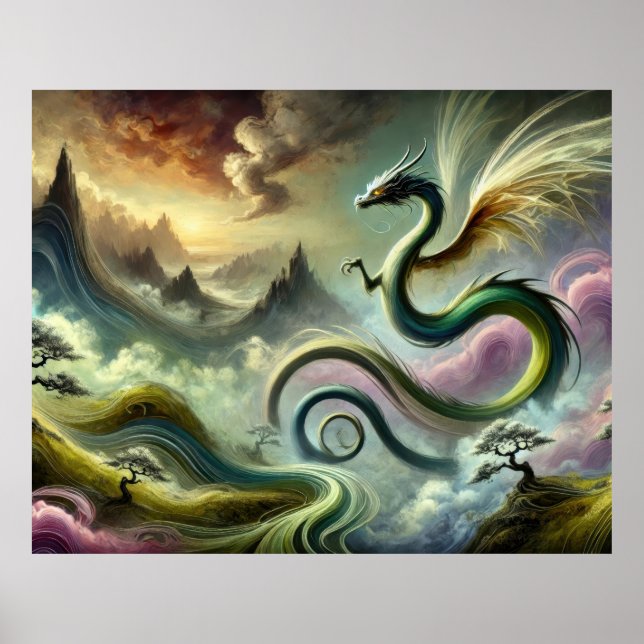 Majestic Celestial Dragon über Fantasy Mountains Poster (Vorne)