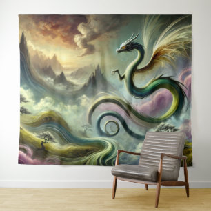 Majestic Celestial Dragon über Fantasy Mountains Wandteppich
