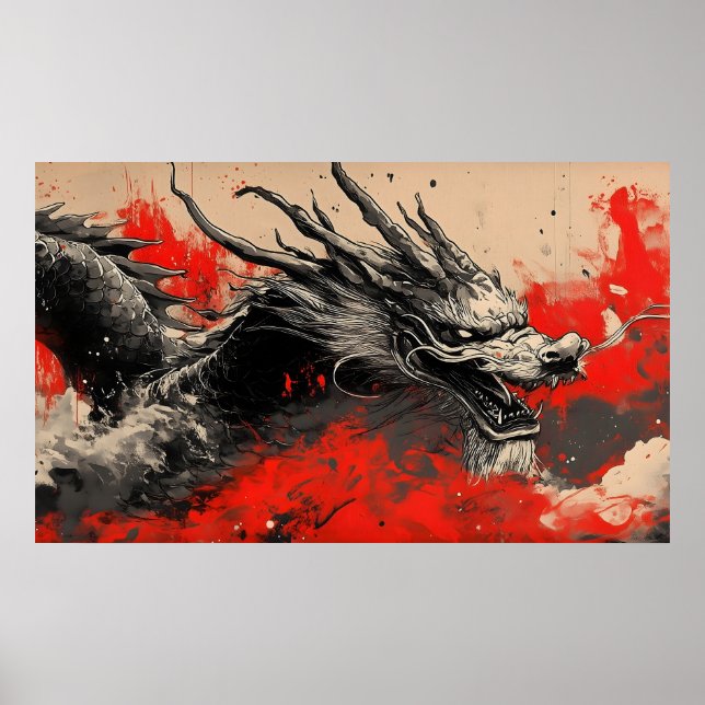 Majestic Chinese Dragon mit Red Ink Spritzer Poster (Vorne)