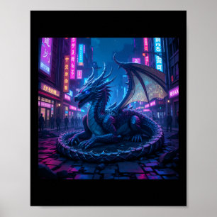 Majestic Cyberpunk Dragon in Neon City Sti Poster
