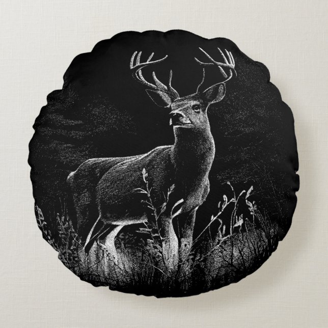Majestic Deer in der Wildnis - Black&White Art Rundes Kissen (Vorderseite)