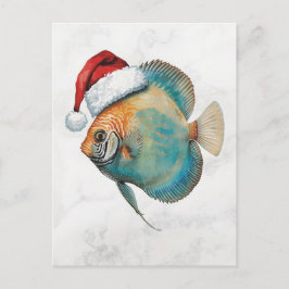 Majestic Discus Fish in Santa Hat Watercolor Feiertagspostkarte