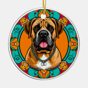 Majestic Dog Portrait in lebendiger, floraler Mand Keramik Ornament
