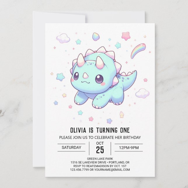 Majestic Dreamy Dinosaur 1. Geburtstag Einladung (Vorderseite)