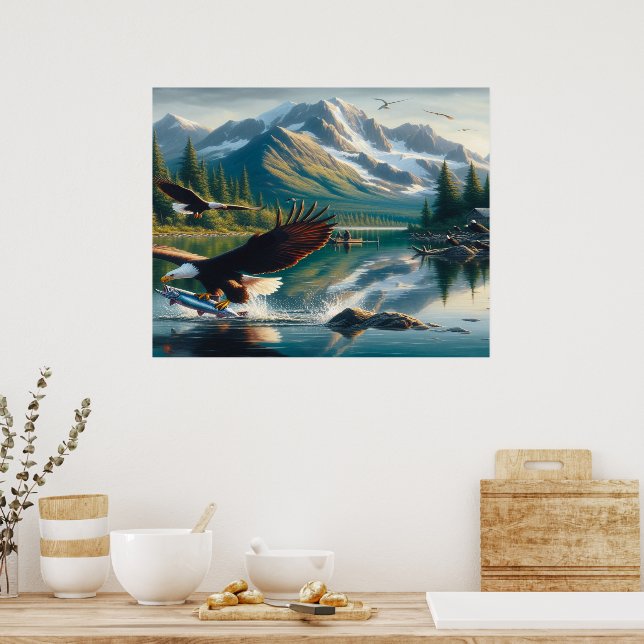 Majestic Eagle fängt Fisch bei Sonnenaufgang ein Poster (Küche)
