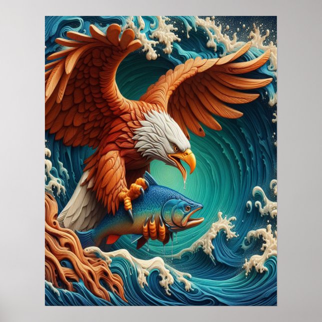 Majestic Eagle Fishing in einer Welle von 16x20 Poster (Vorne)