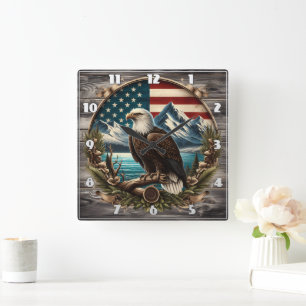 Majestic Eagle gegen die amerikanische Landschaft Quadratische Wanduhr