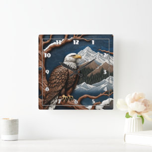 Majestic Eagle inmitten schneebedeckter Berge Quadratische Wanduhr