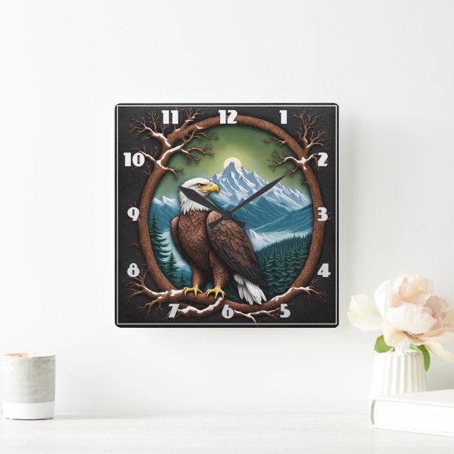Majestic Eagle mit Blick auf die schneebedeckten B Quadratische Wanduhr (Zuhause)
