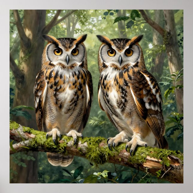 Majestic Eagle Owls Forest Perch Poster (Vorne)