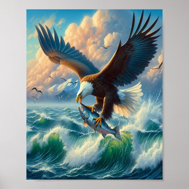 Majestic Eagle Swooping Down to catch Fish 8x10 Poster (Vorne)