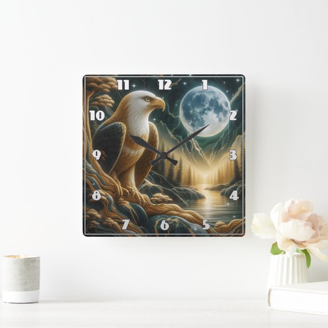 Majestic Eagle vom Fluss Moonlit Quadratische Wanduhr (Zuhause)