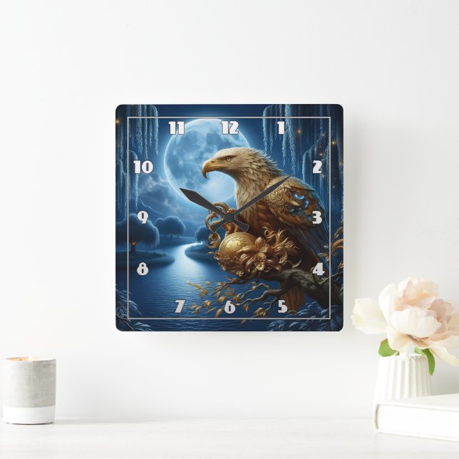 Majestic Eagle vom Fluss Moonlit Quadratische Wanduhr (Zuhause)