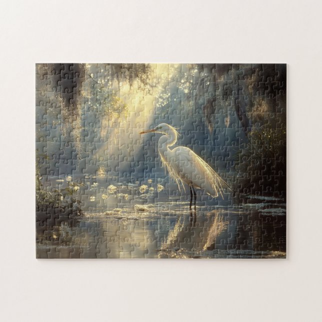 Majestic Egret Stehend in einem sonnigen Sumpf Puzzle (Horizontal)